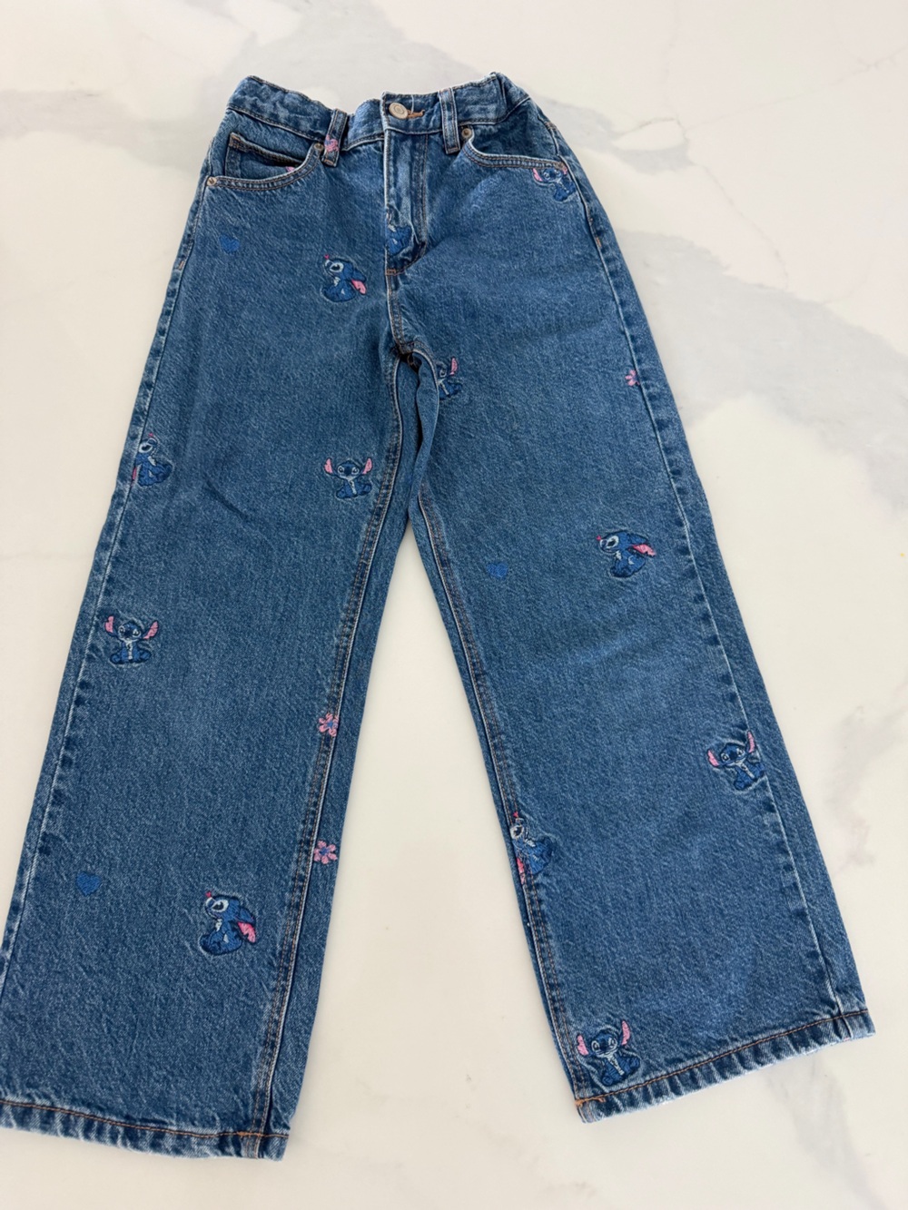 Zara Blue Straight-Leg Jeans with Pink Stitch Accents